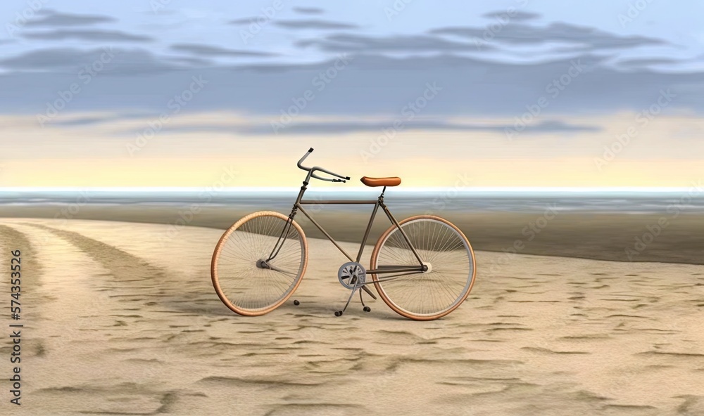 Fototapeta premium a bicycle is standing in the sand on a beach at sunset. generative ai