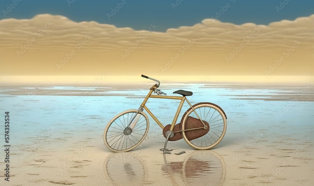 Fototapeta premium a bicycle is standing on the beach with a sky background. generative ai