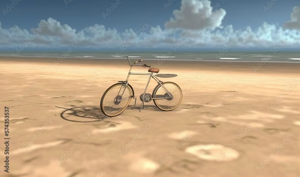 Fototapeta premium a bike is sitting on the beach in the sand with clouds in the background. generative ai