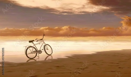  a bike is parked on the beach in the sand at sunset.  generative ai © Anna
