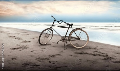  a bike parked on the beach next to the ocean with a sky background. generative ai