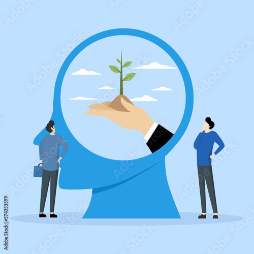 Concept of self growth, potential development, psychotherapy and analysis, pursuit of happiness, mental health care, motivation and aspiration, positive mindset, hand growing plant, vector illustratio