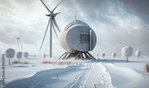  a snow covered field with a wind turbine in the background.  generative ai