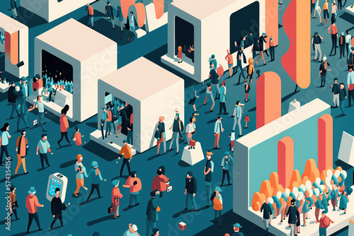 illustration of an isometric view of a business congress with many people. Convention conference forum design background.