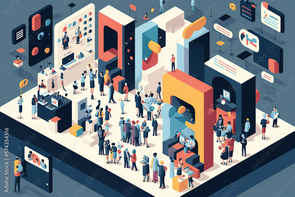 illustration of an isometric view of a technological business convention with many people. Congress conference forum design background. Generative AI