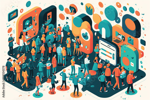 illustration of an isometric view of a technological media congress with many people. Convention conference forum design background. Generative AI