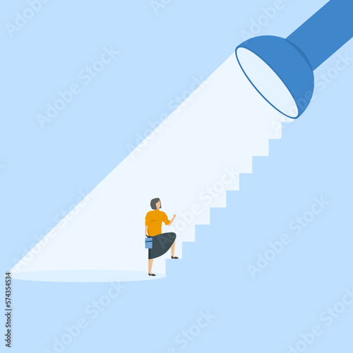 Concept of business consulting, HR recruiting, hands-on coaching, career navigation or guidelines for success concept. Businesswoman walking on stairs towards beam from flashlight, flat vector design.