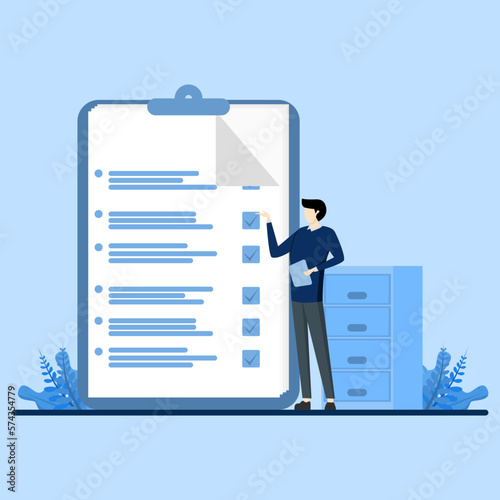 Complete work concept, work report with check mark, work checklist, Employee is checking report accuracy, Mark properly after verification, flat design vector illustration