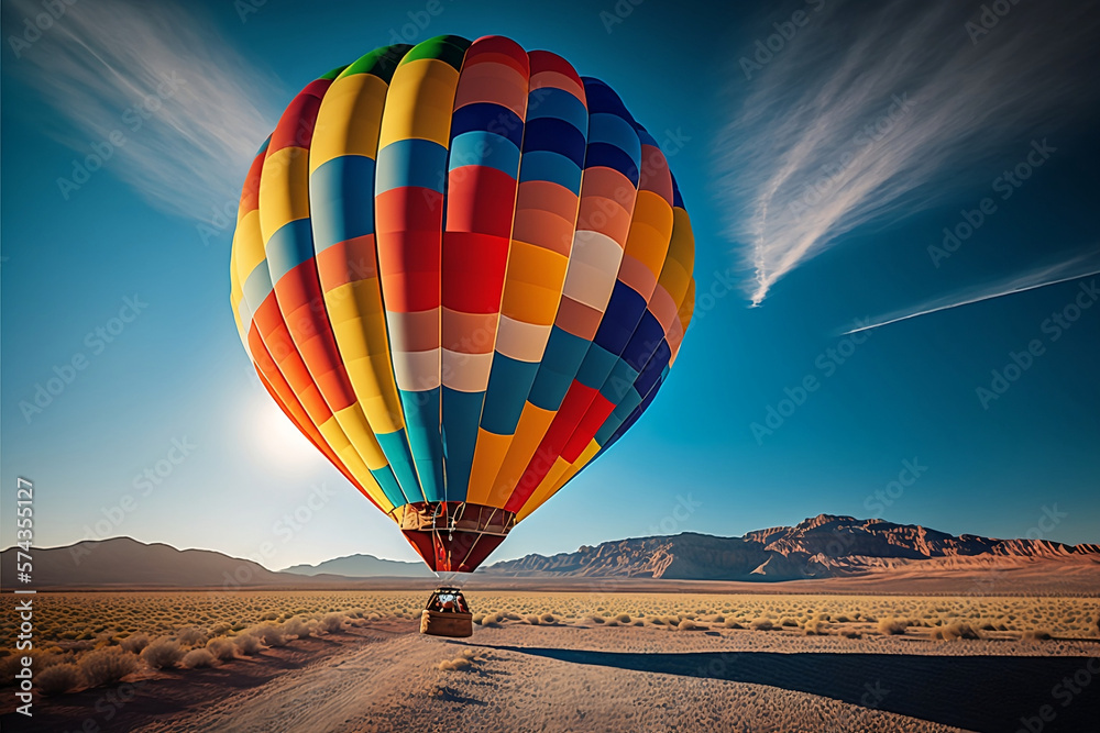 Colorful hot air balloon flying in bright blue Sky. Travel and air transportation concept. Generative AI