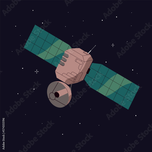 Artificial satellite on orbit in outer space, cosmos. Cosmic technology with antenna, radars, dishes, panels for broadcasting, telecommunication, transmitting radio signal. Flat vector illustration