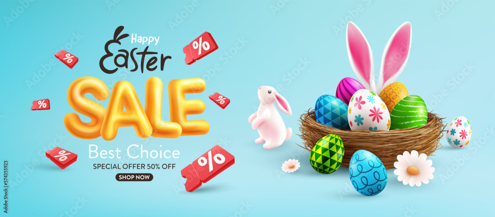 Easter poster and banner template with Colorful Easter eggs and bunny ears in the nest.Greetings and presents for Easter Day.Promotion and shopping template for Easter Easter poster and banner template with Colorful Easter eggs and bunny ears in the nest.Greetings and presents for Easter Day.Promotion and shopping template for Easter