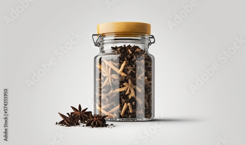 a glass jar filled with spices next to a pile of star anise. generative ai