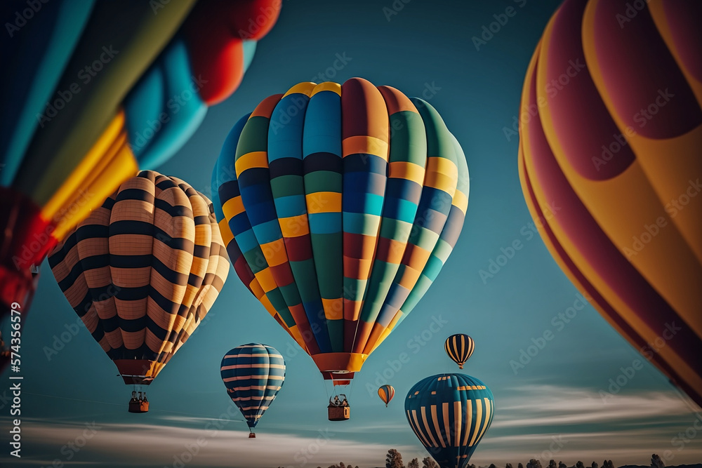 Obraz premium Colorful hot air balloons flying in bright blue. Travel and air transportation concept. Generative AI