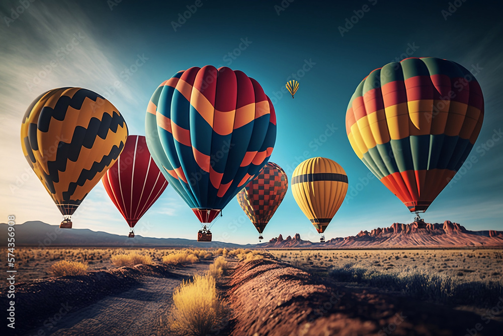 Obraz premium Colorful hot air balloons flying in bright blue. Travel and air transportation concept. Generative AI