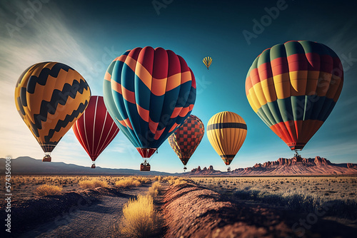 Colorful hot air balloons flying in bright blue. Travel and air transportation concept. Generative AI