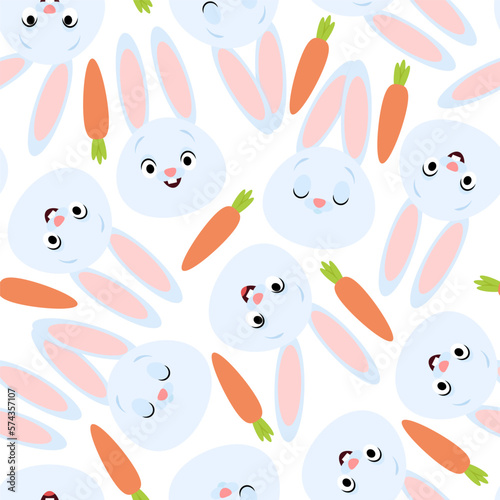 Seamless pattern with blue rabbit muzzles and carrots
