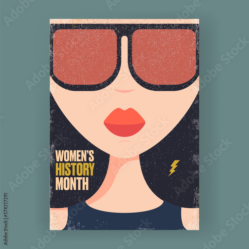 Womens History Month poster A4 with pretty woman. Women's day poster. Banner with rock style women. 8 march greeting card and flyer
