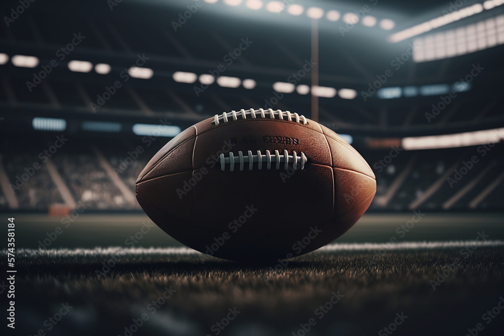 Experience the Thrill of the American Football Game with a Close-Up of a Football on the Field, a Football arena. Generative AI Experience the Thrill of the American Football Game with a Close-Up of a Football on the Field, a Football arena. Generative AI