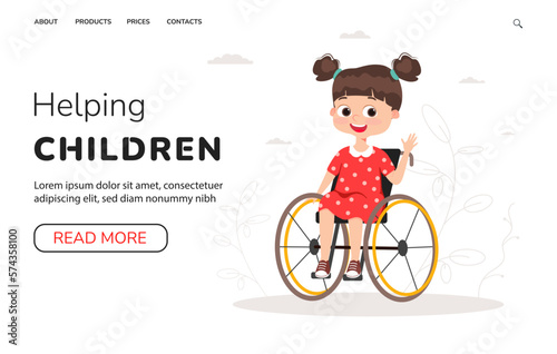 Help kids landing page template. Disabled children with special needs . A girl in a stroller, kid in a wheelchair. Inclusion of children with disabilities in the concept of modern society. Vector
