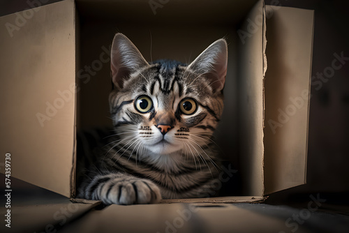 Portrait Cute grey tabby cat in cardboard box on floor at home photography made with Generative AI