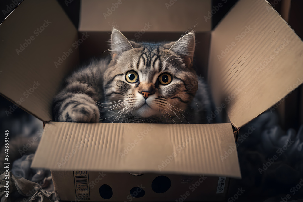 Fototapeta premium Portrait Cute grey tabby cat in cardboard box on floor at home photography made with Generative AI