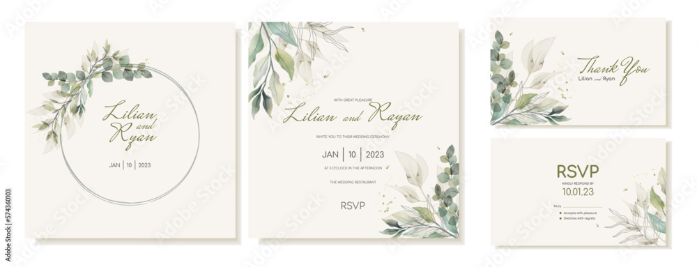 Set of rustic wedding cards with green leaves, eucalyptus and branches. Wedding square invitations in watercolor style. Vector