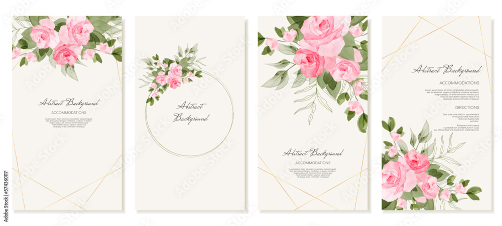 Elegant vertical templates for social media posts with watercolor pink roses with gold lines. Vector