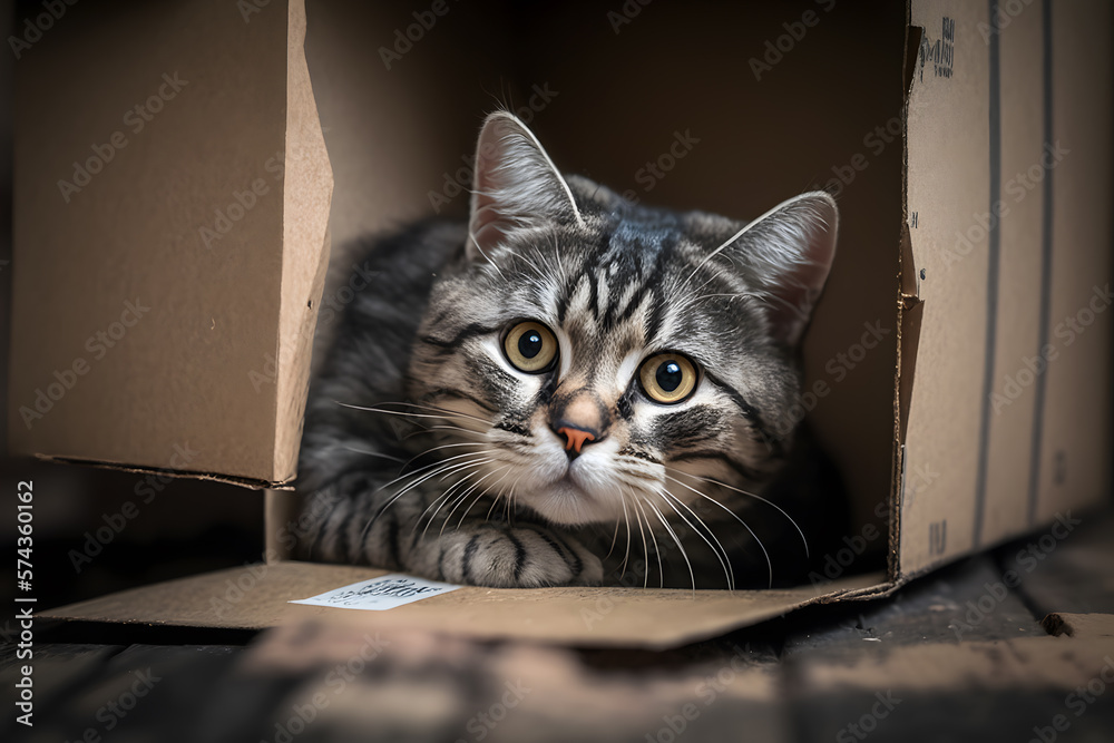 Portrait Cute grey tabby cat in cardboard box on floor at home photography made with Generative AI Portrait Cute grey tabby cat in cardboard box on floor at home photography made with Generative AI
