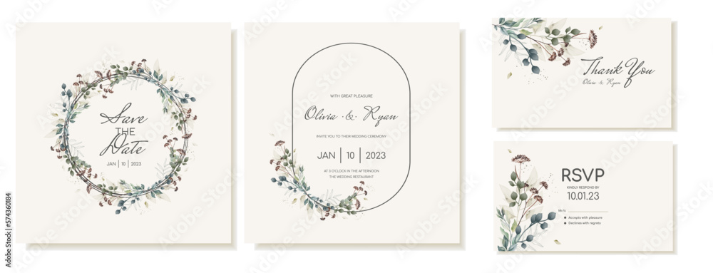 Set of wedding cards with text frame and dried flowers. Vector template ...