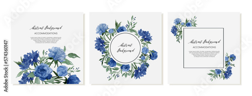 Set of square banners, social media posts with blue roses and peonies. Vector templates