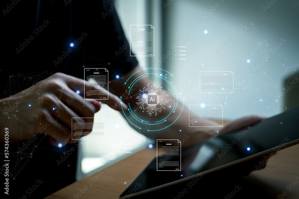 Fototapeta premium Selective focus at human hand while type or input a command to navigate chatbot or AI to get answer or information from big database. Artificial intelligence that can provide SEO or business info.