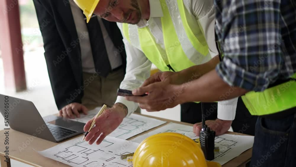 Engineering team standing and talking about work and quality of working.