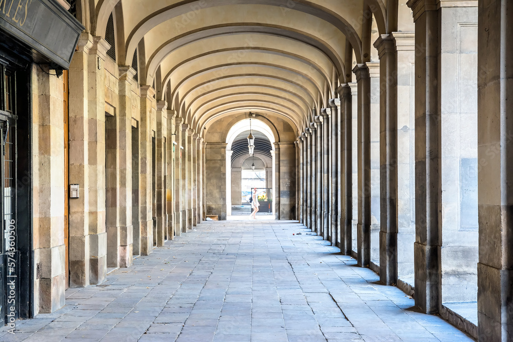 Porch along Passeig Isabel II in Barcelona, Spain