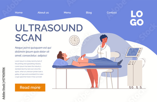 Man in office with doctor for ultrasound scan. Concept of health care, scheduled medical examination, diagnostics. Character flat cartoon illustration. Web template, landing page. Vector.
