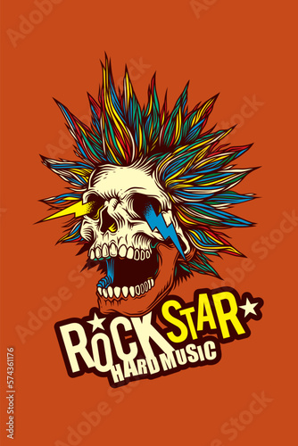 Abstract vector illustration. A crazy skull with a crazy hairstyle with sparks from the eyes. T-shirt design, stickers, print.
