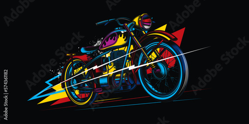 Original vector retro print motorcycle on abstract background rides on road. American motorcycle custom made. T-shirt Design