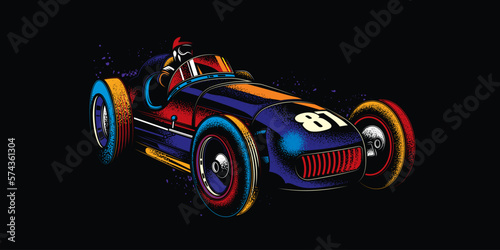 Original vector illustration in neon style. An old vintage racing car.