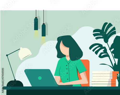 Editable vector scene of a businesswoman working on laptop