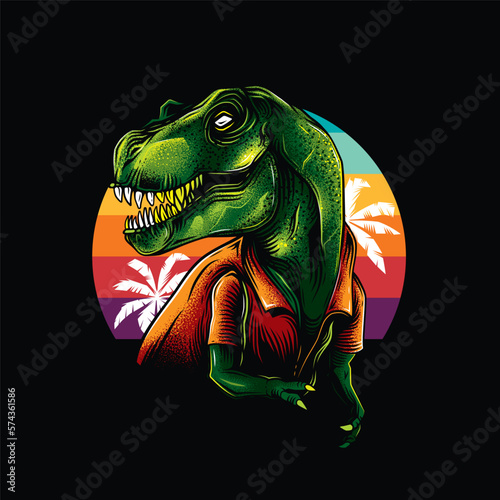 Original vector illustration of a Tyrannosaurus rex in vintage style against a retro sunset and palm trees. Tyrannosaurus Rex. T-shirt design, design element.
