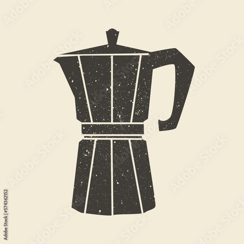 Italian coffee maker, espresso machine, mocha express.  Silhouette of a black moka pot is drawn with a stamp effect. Design element for shop, market, packaging, labels. Hand drawn vector illustration.