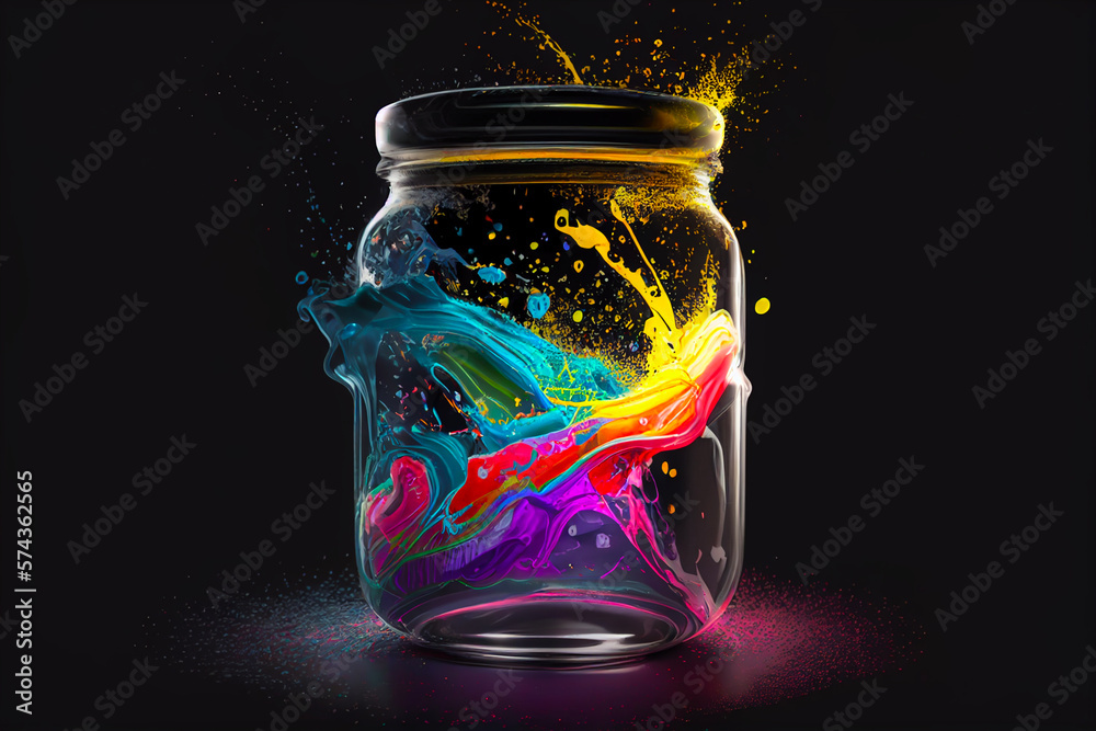 Colorful paint splashing out of a glass jar isolated on black background. Generative AI Colorful paint splashing out of a glass jar isolated on black background. Generative AI