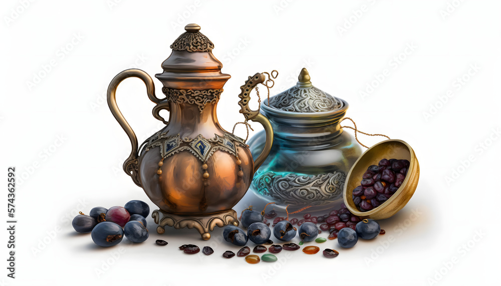 Arabic date fruit, coffee pot, and rosary beads, figs, palm isolated on