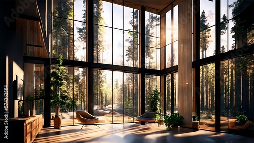 A Relaxing Interior Living Room with a Soothing View of Nature in the afternoon