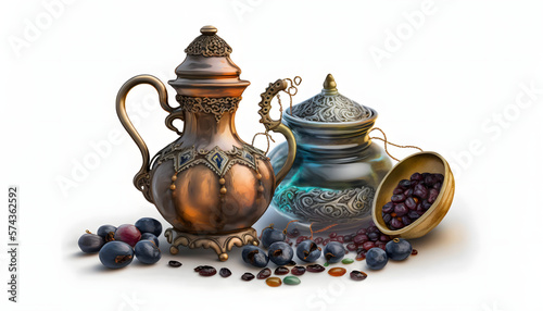 Stampa su tela Arabic date fruit, coffee pot, and rosary beads, figs, palm isolated on white ba