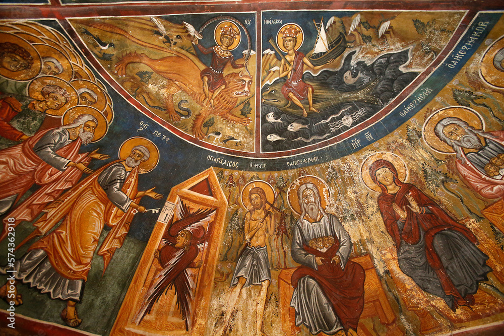 Panagia tis Asinou byzantine church. Frescoes. Cyprus.