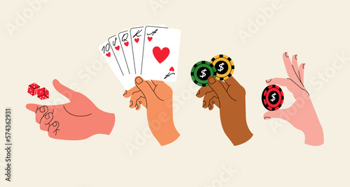 Vector illustration set with hands holdings different gambling objects, playing cards, poker chips, and dice. Doodle concept for casino.