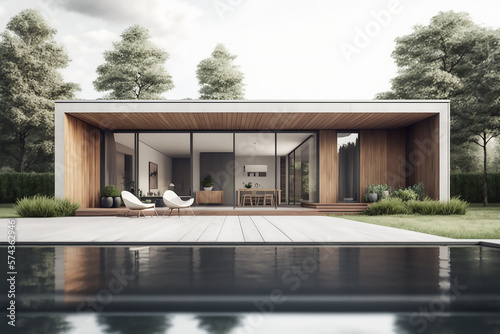Exterior concept of a modern minimalist wooden stylish house  Generative AI © Liliia