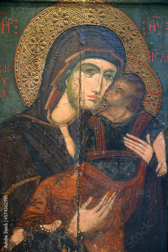 Icon in Pedoulas byzantine museum : the Virgin Eleousa, 14th century. Cyprus.