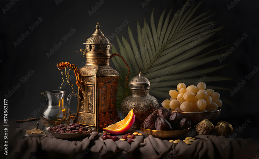 Arabic date fruit, coffee pot, and rosary beads, figs, palm isolated on dark background, festive still life with oriental ramadan lantern and iftar food concept