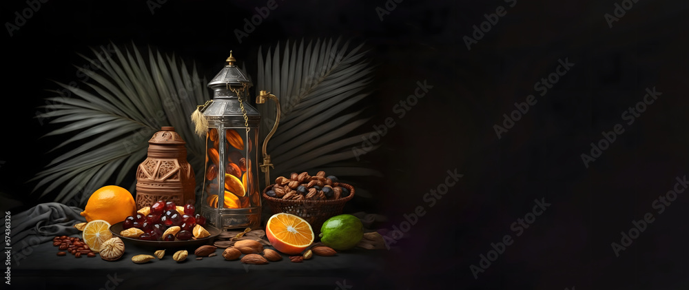 Arabic coffee pot date fruit and rosary beads, Dallah isolated on dark free space banner, Ramadan Kareem Iftar party celebration. traditional teapot with Dried Date fruits in the bowl